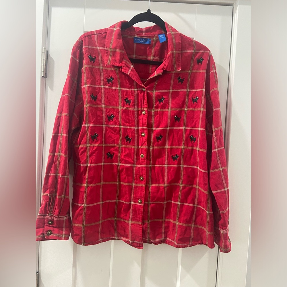 Karen Scott sport plaid embroidered Scotty dogs long sleeve button down XL